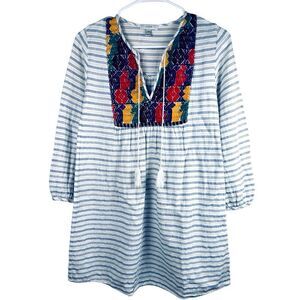 J Crew White Blue Embroidered Striped Tunic Mini Dress Size XXS